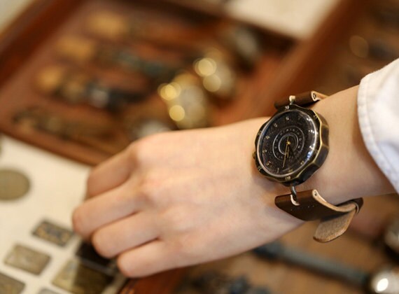 Vintage Handmade Wrist Watch with Handstitch Leather Band