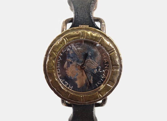 Vintage Woman wrist Watch with Leather strap. Handcraft Coin Watch
